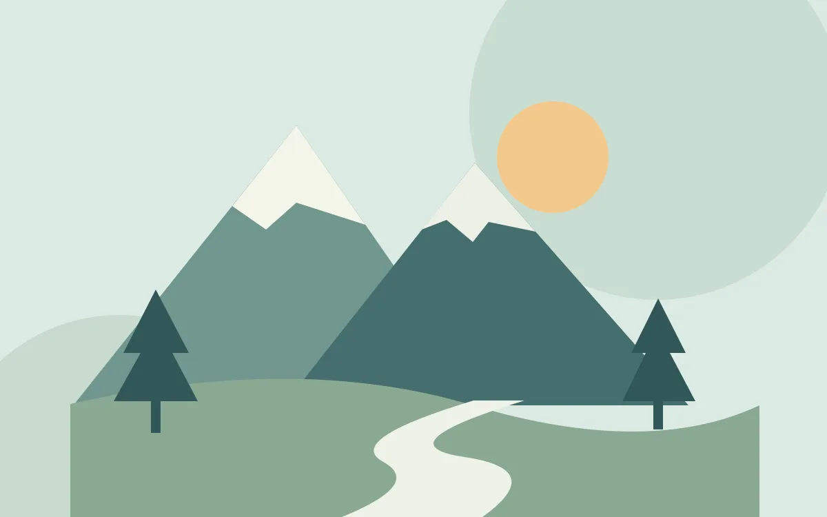 Snow-capped mountains, a river, trees and the sun