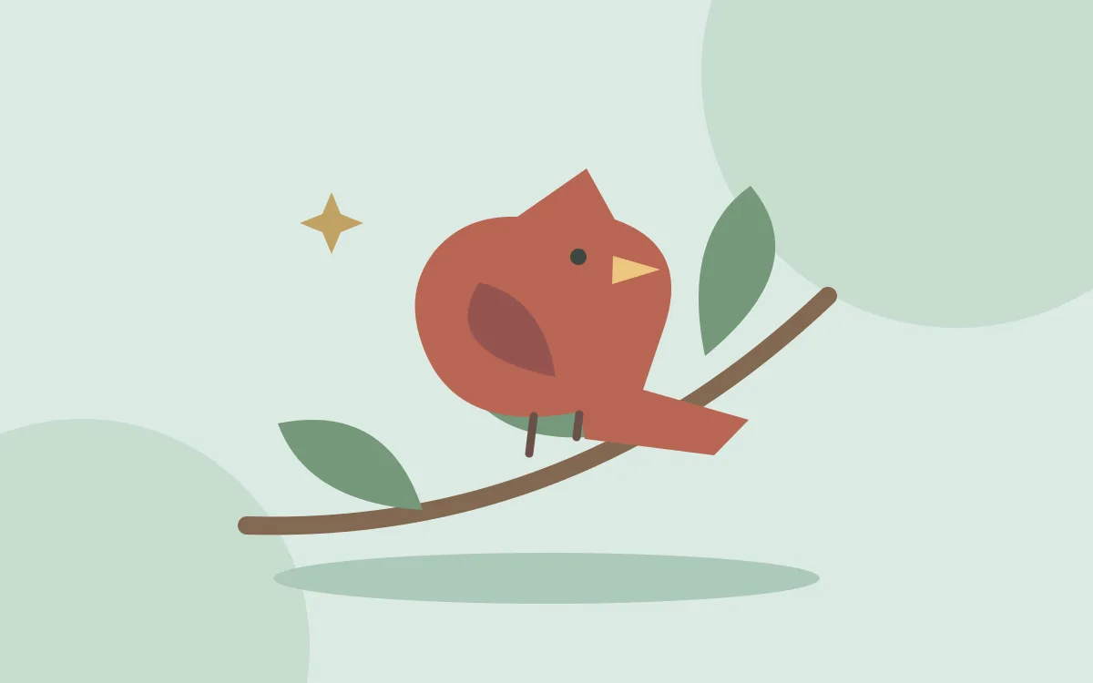 An illustrated red bird perched on a leafy branch
