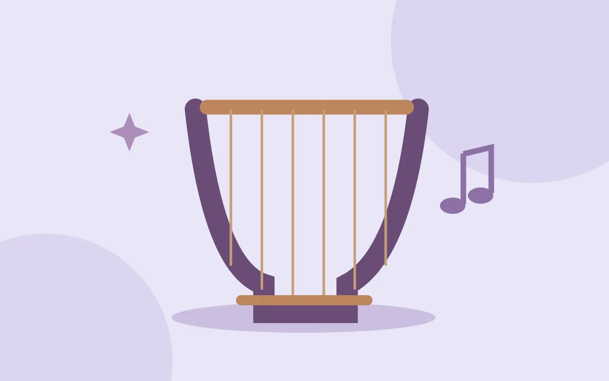 An illustrated wooden lyre beside musical notes